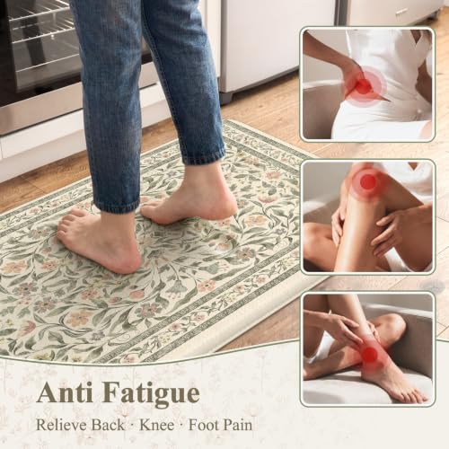 Anti-Fatigue Kitchen Mat Set, Boho Floral Cushioned Floor Rugs - 2 Piece