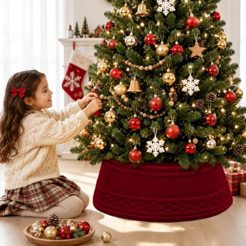 Red Knitted Christmas Tree Collar 28in Xmas Tree Skirt Base Cover - ASTNIC