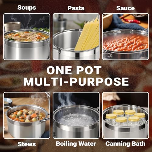 8-Quart Stainless Steel Stock Pot with Glass Lid - 5-Layer Induction Base