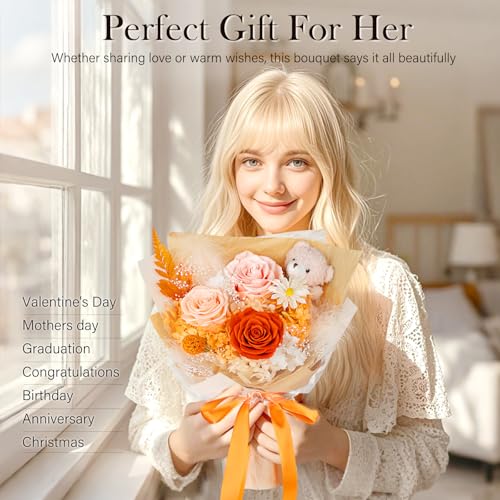 Preserved Orange Roses Bouquet with Stuffed Bear & Luxury Gift Box