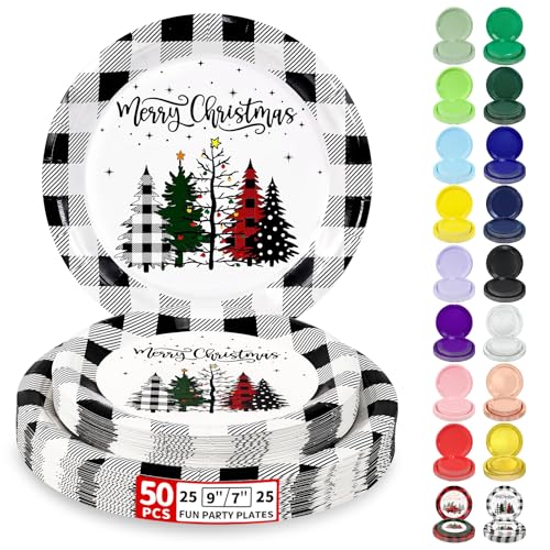 LANLISA Christmas Tree Plates Set 50 Count - 25 9" & 25 7" Black Buffalo Plaid