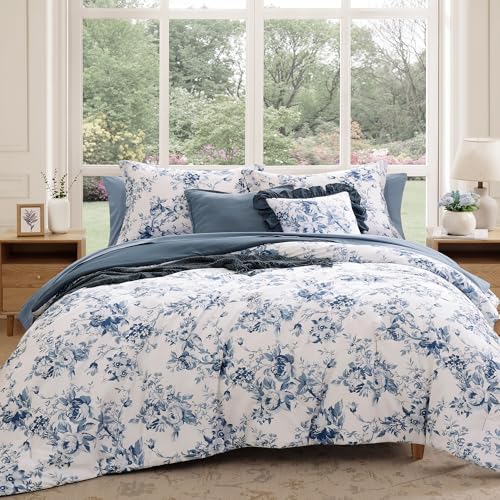 Queen Comforter Set 7-Piece - Blue Floral Soft Bed in a Bag with Sheets