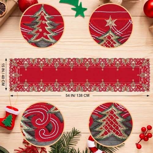 SHANGRLA Embroidered Red Christmas Tree Table Runner 54 in