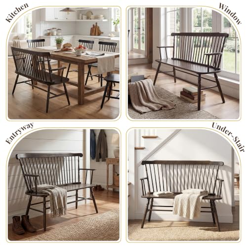 Rustic Solid Wood Farmhouse Dining Bench with Spindle Back and Armrest