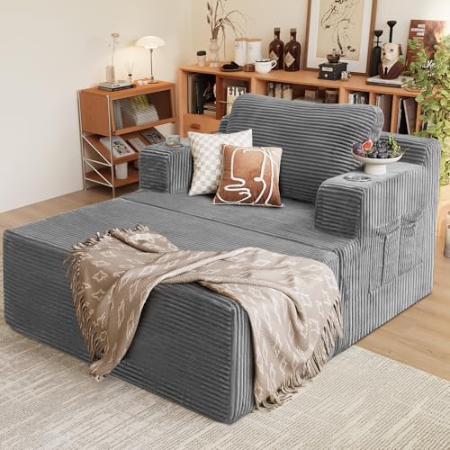 Oversized Corduroy Chaise Lounge Chair with Cup Holders and Deep Seat