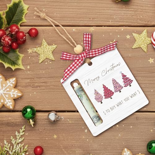 Pink Merry Christmas Money Holder Ornament - Pink Xmas Tree Gift for Women Men - Wooden Hanging Decor - Variation Pink 02