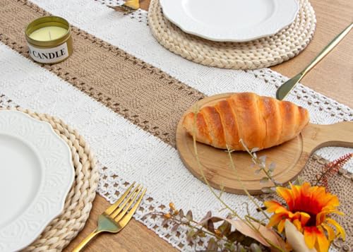 FEXIA Cream & Brown 12x72 Boho Table Runner – Fall Farmhouse Woven