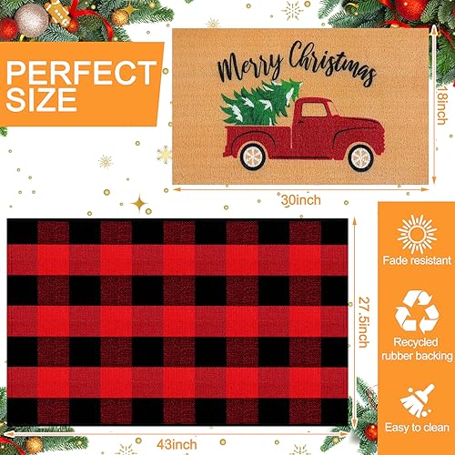 Christmas Door Mat Set with Plaid Rug - 2 Pieces, Holiday Welcome Mats