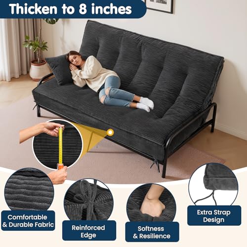 8-Inch Full Size Futon Mattress, Foldable Floor Sofa Bed in Grey Corduroy