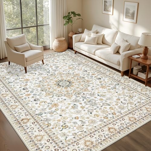 5x7 Washable Vintage Area Rug - Soft Non-Slip Beige Floral Boho Rug