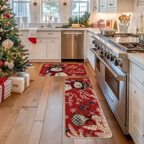 Snowman Christmas Kitchen Rugs Set 2-Piece Non-Slip 17x47 & 17x29 Inches