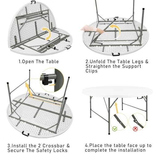 4ft Round Folding Table, Portable Heavy-Duty Plastic Picnic Table with Handle
