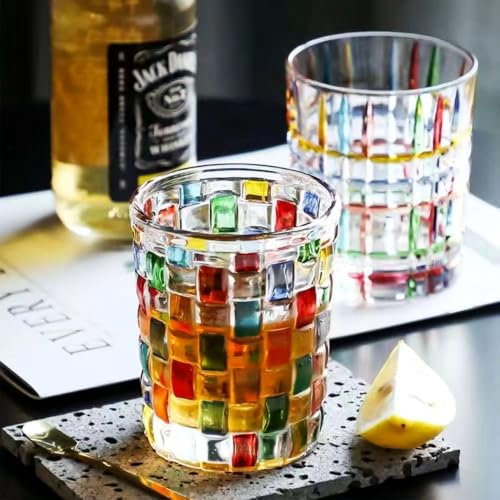 Hand-Painted Colorful Glass Tumblers, Set of 6 Textured Drinking Glasses