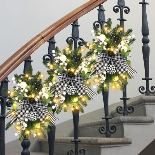 Hotop 3-Piece 17.7-inch Black & White Christmas Stairway Swag with Lights