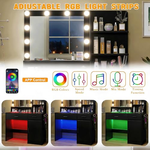 Modern Vanity Desk with Lighted Mirror, RGB Lighting, and Charging Station