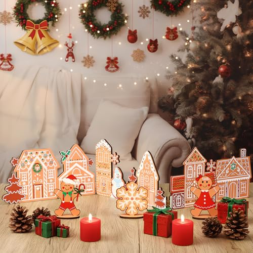 Threehoney 32 Inch Wooden Gingerbread House Christmas Village - Farmhouse Tabletop Decor with Man & Snowflake Signs