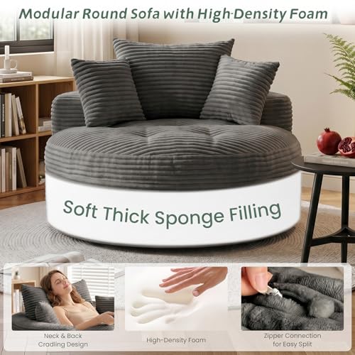 Oversized Corduroy Floor Chaise Lounge with Pillows and Ottoman