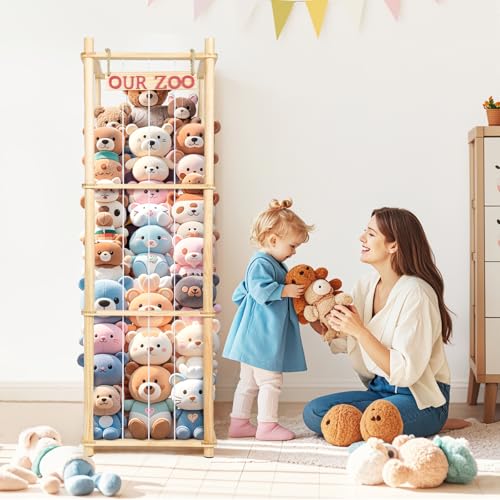 Tall Natural Pine Wood Stuffed Animal Storage Organizer with Elastic Cords