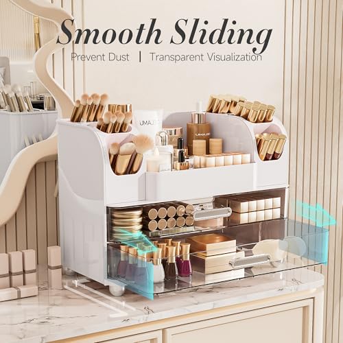 Delamu White Large Makeup Organizer Countertop with 6 Brush Holders