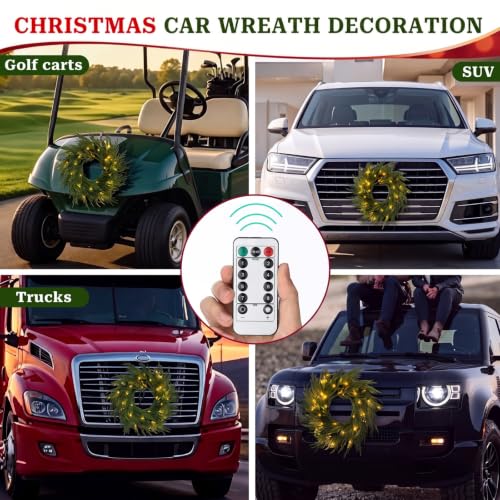 CraftyDream Norfolk Pine 13-Inch Christmas Car Wreath with Lights - Holiday Vehicle Decor