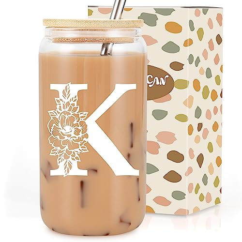 Monogrammed 16 oz Glass Tumbler with Lid and Straw for Iced Coffee