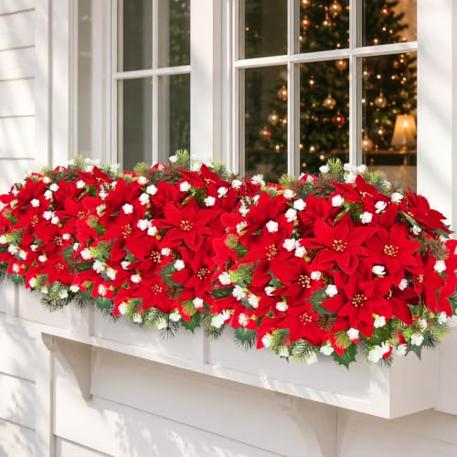Waipfaru 9-Pack Poinsettias Flowers - 14'' Red Velvet Faux Christmas Bushes for Outdoors