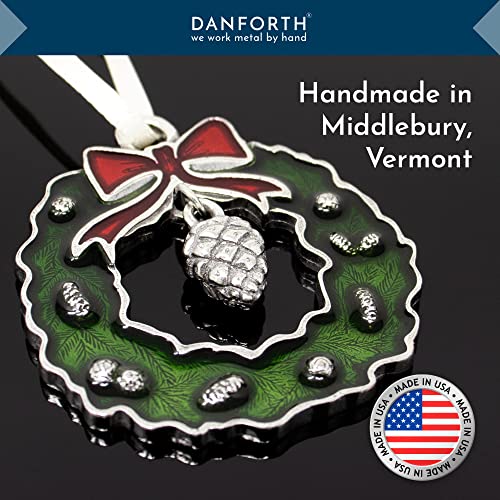 DANFORTH Green Christmas Wreath Ornament - Handcrafted Pewter Holiday Decor, Red Bow, Pine Cones - USA Made