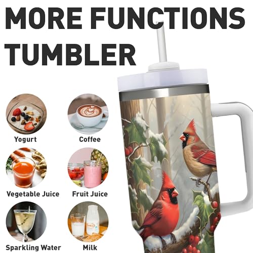 Christmas Red Birds 40oz Insulated Stainless Steel Tumbler with Lid & Straw - Dewoofly