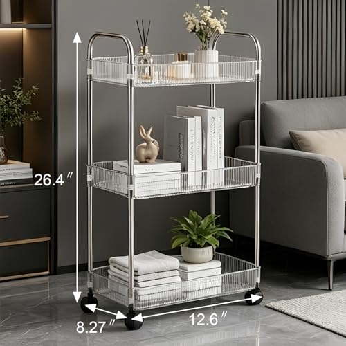 Clear 3-Tier Plastic Rolling Utility Cart with Wheels & Side Hooks