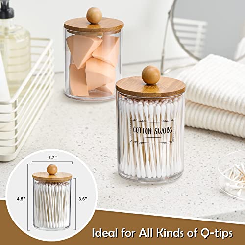 4 Pack Apothecary Jars with Bamboo Lids - 10 oz Clear Plastic Storage Containers for Bathroom Vanity