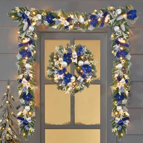 22-Inch Pre-Lit Christmas Wreath with Timer, Blue and Silver Magnolia Decor