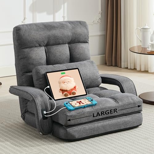 Adjustable Floor Gaming Chair with 2 USB Ports, Linen Foldable Sofa