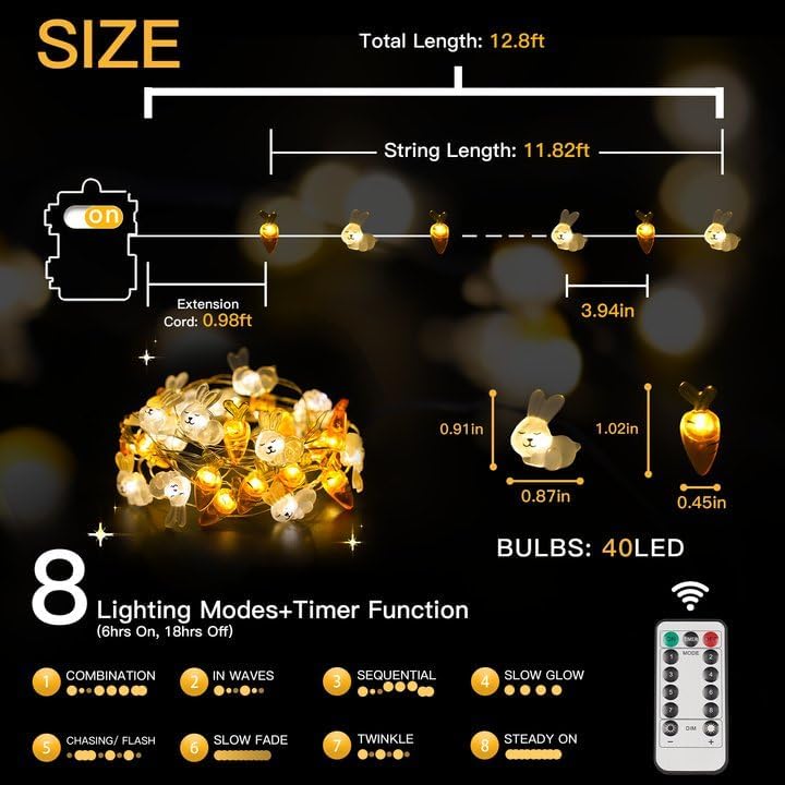 Suddus Easter String Lights - Battery Operated 12.8ft with 40 LED Bulbs for Indoor & Outdoor Decor