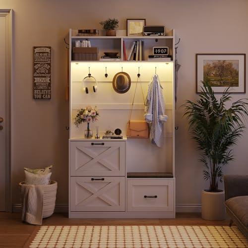 78-Inch Farmhouse Hall Tree with Bench, Shoe Storage, and LED Lights