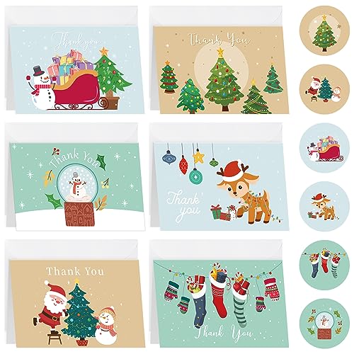Novelty Christmas Thank You Cards Set with Envelopes & Stickers - 24pcs