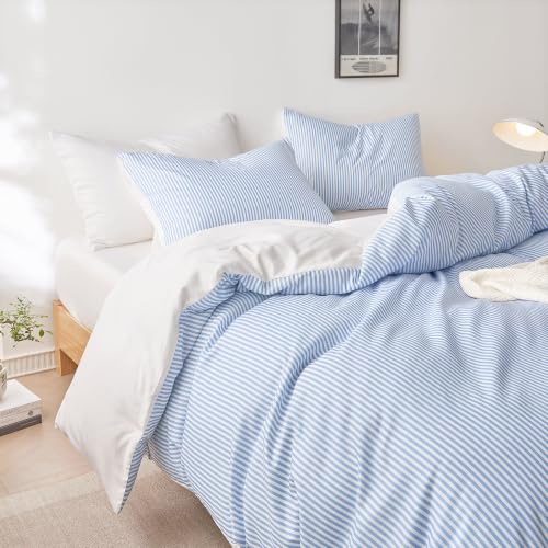 Blue and White Striped Comforter Set Full Size - 3 Piece Farmhouse Bedding