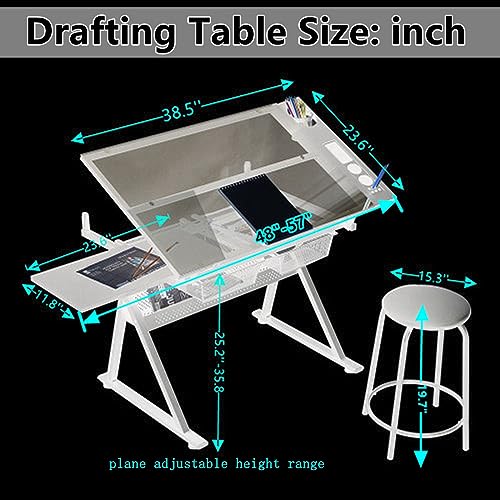 Height Adjustable Drafting Table with Stool, Tilting Glass Art Desk