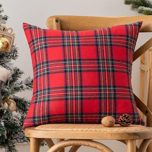 Red Checked Plaid Throw Pillow Covers 17" Square Set of 2 Fall Holiday Home Decor