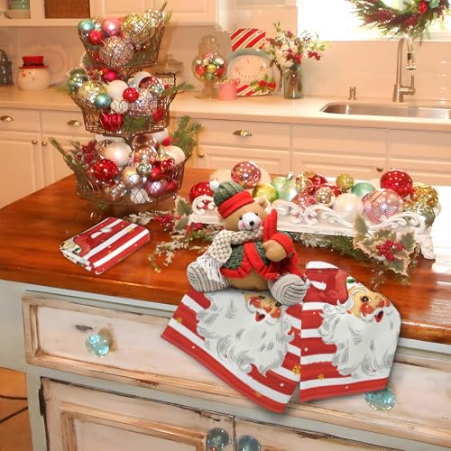 Qilerongrong Christmas Santa Kitchen Towels 18x26 in 2 Pack - Red Snowflake Stripe Tea Towels