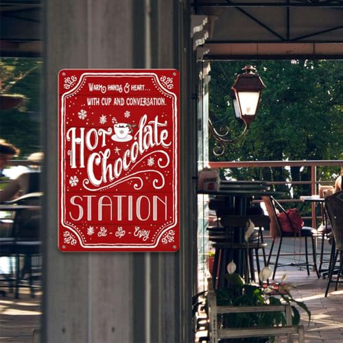 Red Hot Cocoa Bar Sign - 8x12 inch Christmas Tin Metal Decor
