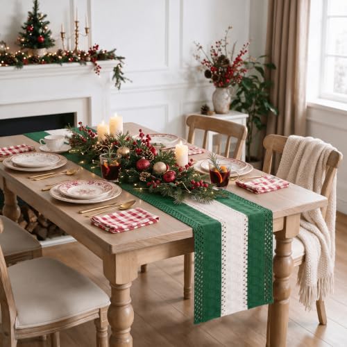 Dark Green Farmhouse Woven Table Runner 12x36 Inch - Artoid Mode