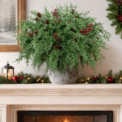 18Pcs Cedar Pine Stems with Berries & Pinecones – Norfolk Pine Christmas Picks (14 stems, 2 berries, 2 cones) by Dolicer