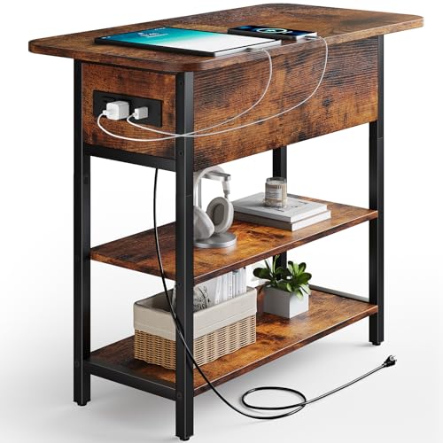 Narrow End Table with Charging Station & Flip Top Storage Shelves