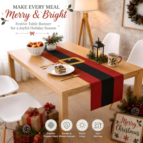 OHOME Christmas Belt Strap Santa Table Runner - Fun Holiday Decor, Red & Black, 73x13.8 inches