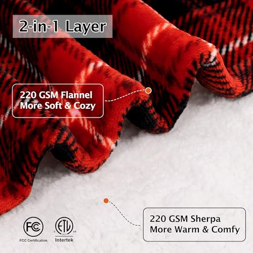 Electric Heated Blanket, Red Sherpa Plaid Throw, 8 Heat Levels