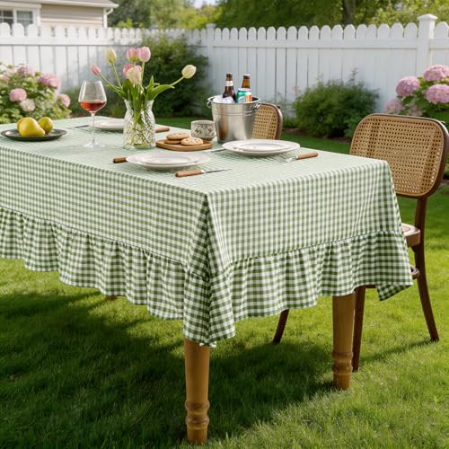 Gingham Ruffled Rectangle Tablecloth 60 x 84 Inch, Sage Green Waterproof