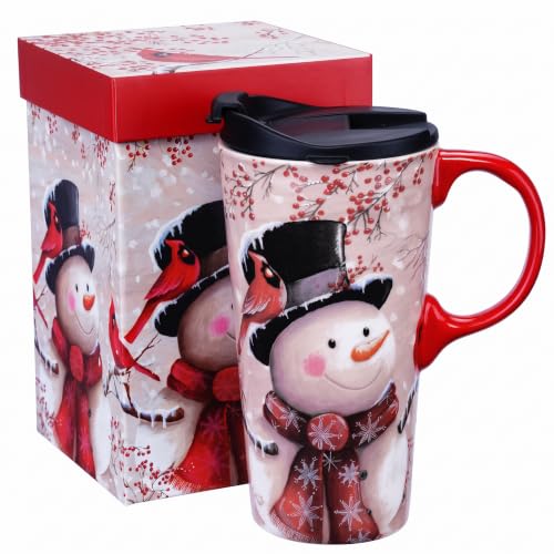 Topadorn 17oz Ceramic Travel Mug with Lid - Snowman Cardinal Christmas Coffee Cup