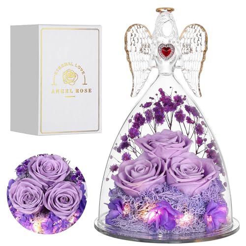 Tiaronics Light Purple Preserved Rose Angel Figurine for Mother's Day Gift - Real Forever Flower
