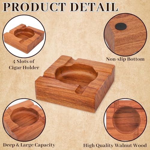 Wooden Cigar Ashtray with Cutter, 4-Slot Walnut Ash Tray for Home and Patio