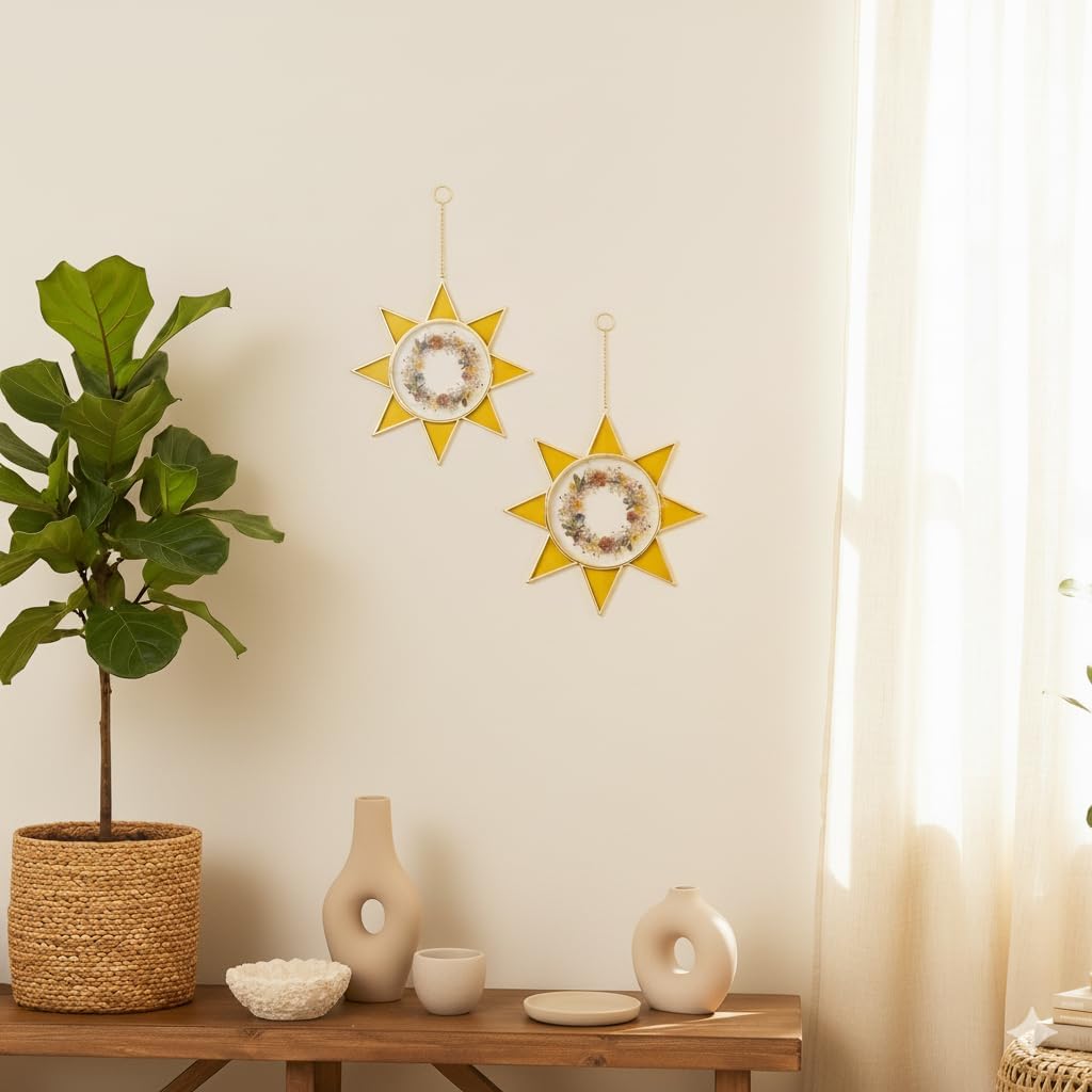 Sunburst Pressed Flower Frames - Decorative Double Glass Wall Art | Horizontal Display for Dried Flowers & Plants, Gold